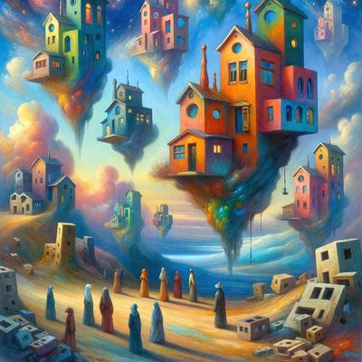The primary subject of the image is a painting of a city with many houses and buildings. The setting is a beach, and the visual style is a digital art or illustration. The colors and mood of the painting are vibrant and lively, with a mix of different colors and a sense of fun and creativity.